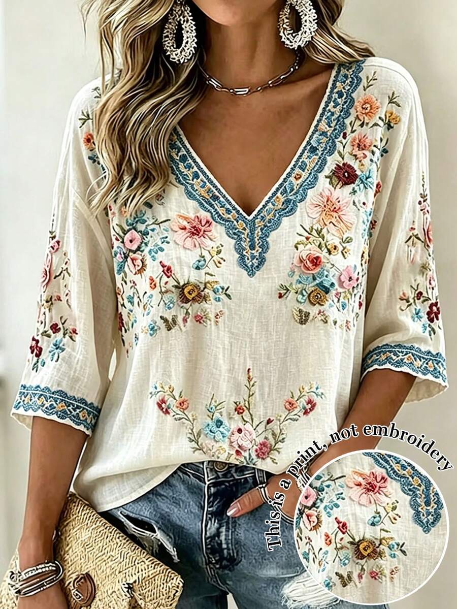 Selamara Plus Size Women's Floral Print Casual Versatile Daily Wear Top Fall - Multicolor - View 1