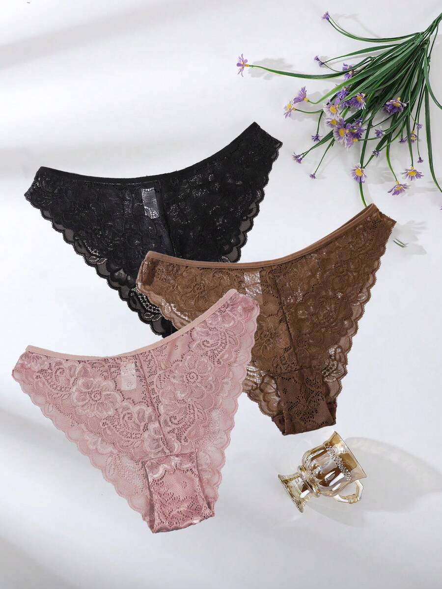 SHEIN 3件組極簡浪漫蕾絲女款三角內褲 - 彩色 - 查看 1