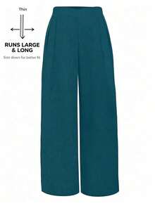 SHEIN Tall 大码女式松紧腰休闲直筒阔腿裤 - 水鴨藍 - 查看 1