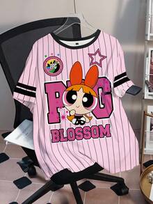 THE POWERPUFF GIRLS X SHEIN 大尺碼女款條紋字母卡通印花休閒日常短袖T恤 - 白色 - 查看 4