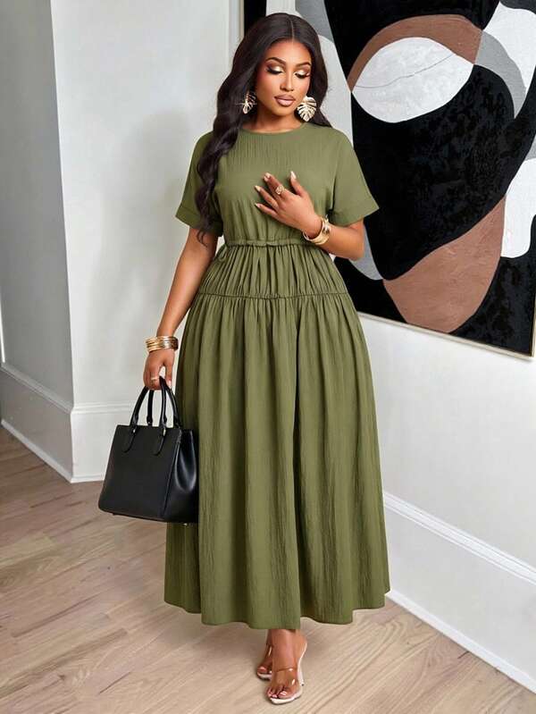 Brilight Women's Tiered Midi Dress, Round Neck Short Sleeve Elastic Waist Flowy Dress For Daily & Vacation