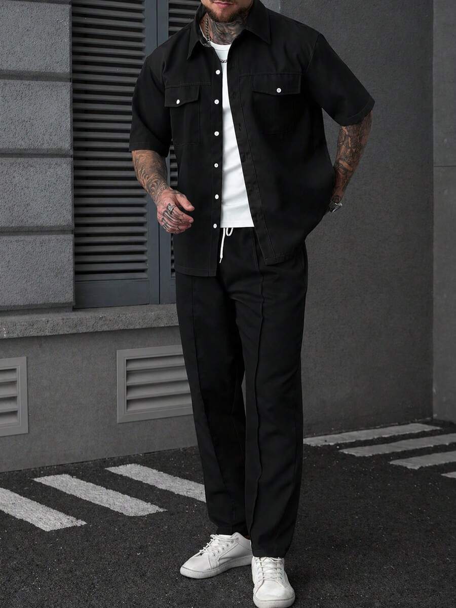 SLATEMANN Men's Casual Solid Color Button-Front Short Sleeve Shirt And Pants Set - Black - View 1