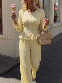 Serisse Women's Elegant Romantic Pale Yellow Pleated Ruffles Long Sleeve Top And Pants Casual Daily 2 Pieces Set Afternoon Tea Back To School Work - Light Yellow - View 3