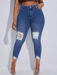 Slaydiva Celana Jeans Slim Fit Kasual Ukuran Besar dengan Efek Lusuh dan Pudar - Medium Wash - View 1