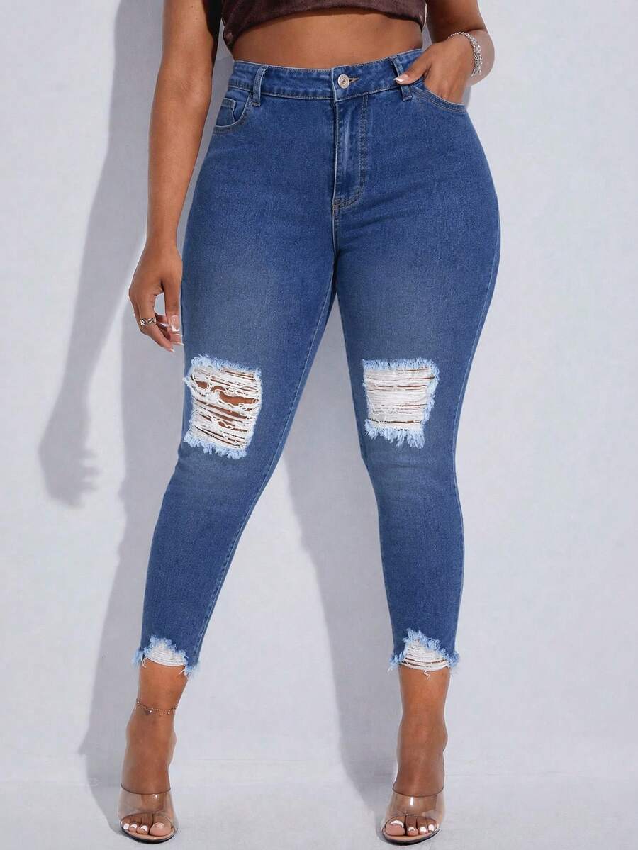 Slaydiva Celana Jeans Slim Fit Kasual Ukuran Besar dengan Efek Lusuh dan Pudar - Medium Wash - View 1