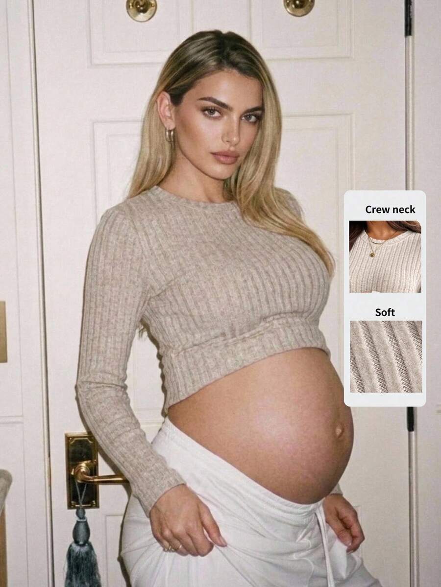 SHEIN Maternity Minimalist Versatile Textured Long Sleeve Crew Neck T-Shirt For Daily Wear Fall - Grey - View 1