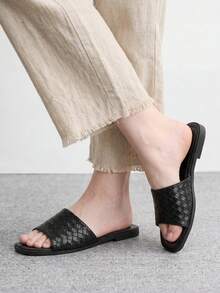 CUCCOO BIZCHIC 女款黑色編織單帶拖鞋，新款方頭平底軟底沙灘涼鞋，適合夏季 - 黑色 - 查看 3