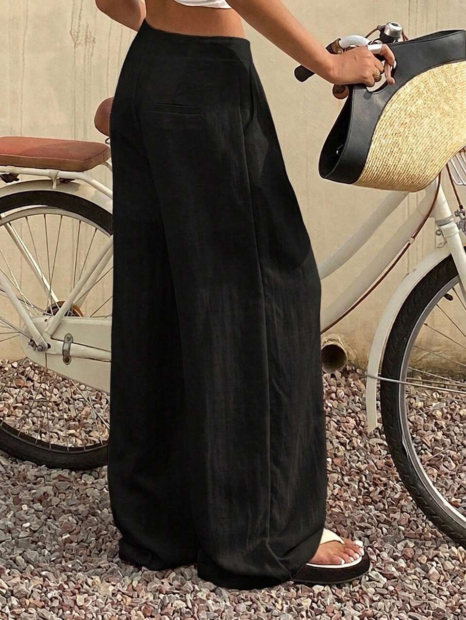 Solid Color Loose Wide Leg Pants With Pockets Casual Vacation Summer Women Long Pants