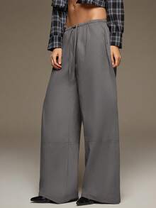 BAD SUNDAY Women's Autumn All-Match Drawstring Wide Leg Long Pants, Versatile Street Dance Y2K Casual Streetwear Formal Everyday Work Charcoal Gray - Grey - View 1