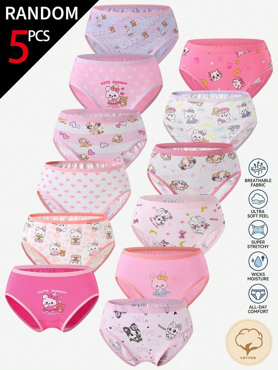SHEIN 5条/包 女童什锦印花纯棉三角裤,图案包括爱心、蝴蝶结、兔子 - 彩色 - 查看 1