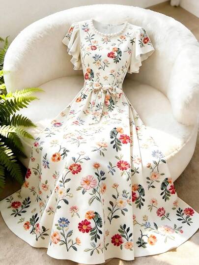 GlowEve Women's Ditsy Floral Cinched Waist A-Line Short Sleeve Dress