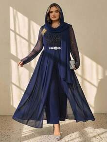SHEIN CURVE+ فستان مقاس كبير مزين بالترتر والشبكة مع رقعات وأكمام طويلة وزينة من أحجار الراين على الخصر أنيق، شتاء 2026 22W خريف - أزرق بحري - مشاهدة 8