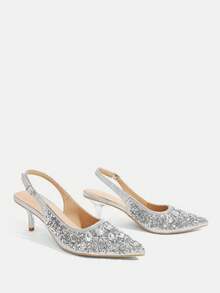 CUCCOO TILAWA Women's Fashion Electroplated And Glass Rhinestone Pointed Silver Women's High-Heeled Shoes, Suitable For Going Out, Banquets, Parties - Silver - View 3