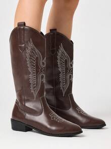 ROMWE Fairycore Women's Western Boots, Pointed V-Cut Thick Heel Embroidered Boots, Low Heel Clogs, Zip Knight Boots And Ankle Boots Spring Shoes - Dark brown + white line butterfly - View 5