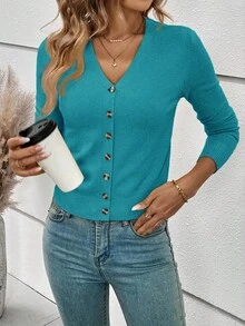 SHEIN Frenchy 女款純色單排扣休閒長袖針織開襟衫，秋冬針織毛衣，青綠色、鴨綠色、淺藍色 - 青碧色 - 查看 6