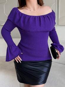 Vibekara Sweater Pullover Lengan Lonceng Berkerut Elegan Seksi Desain Prancis Musim Gugur/Dingin Ukuran Besar untuk Makan Malam dan Acara Keluar Rumah - Purple - View 5