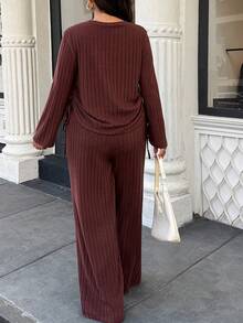 Easura Women's Plus Size Spring/Autumn Long Sleeve Drawstring Ruched Loose T-Shirt & Straight Leg Ribbed Brushed Elastic Pants 2-Piece Set, Suitable For Home And Daily Wear - Mocha Brown - View 2