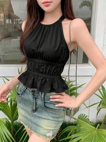 K-Vae 女款純色百褶休閒百搭日常穿搭掛脖上衣 - 黑色 - 查看 7