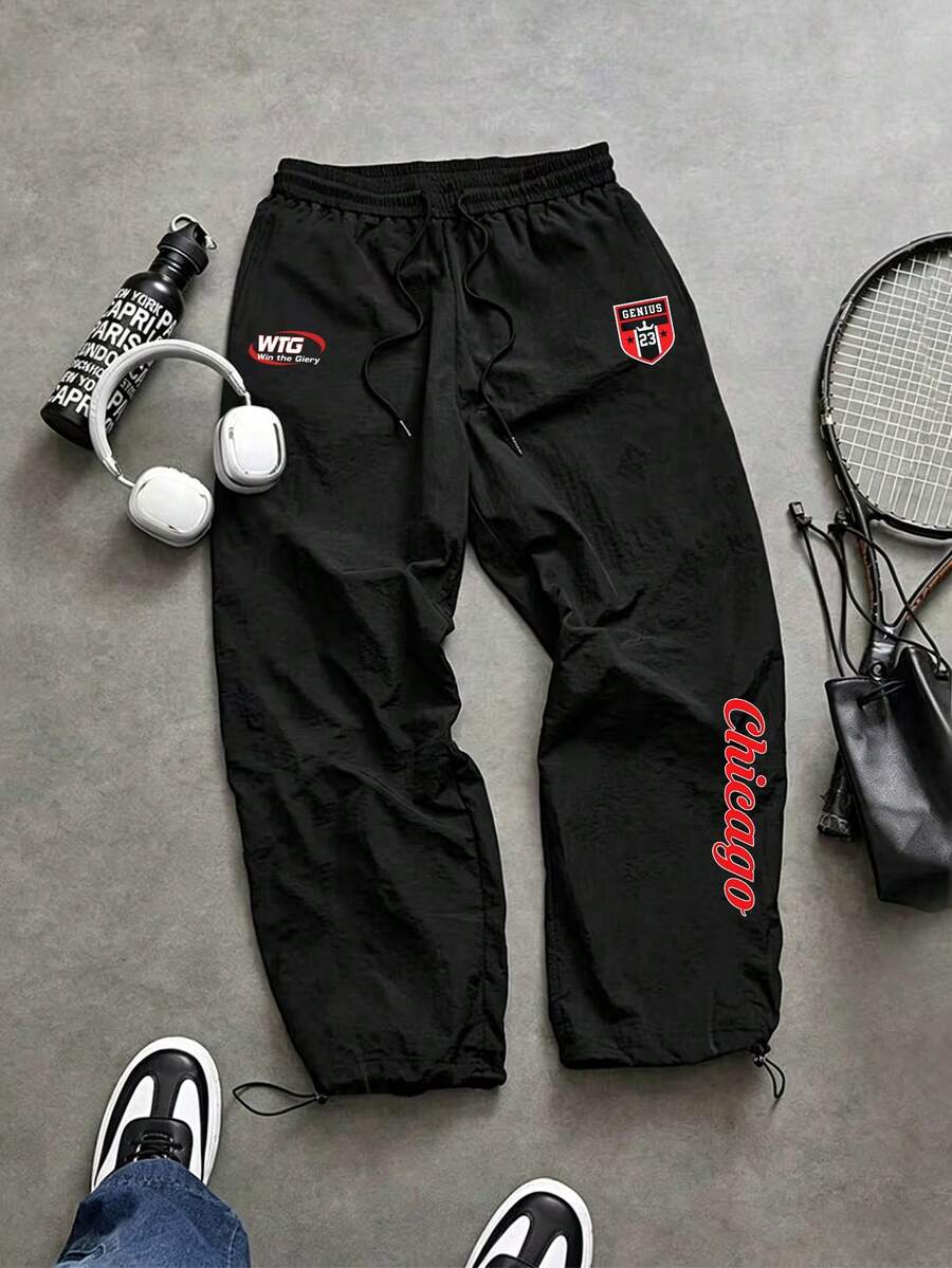 Sport MetroGents 男士字母印花抽繩腰寬鬆運動長褲 - 黑色 - 查看 1