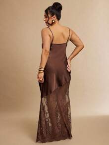 SHEIN BAE Plus Size Women's Spring/Summer Woven Satin Fresh Daily Versatile Asymmetrical Hem Design Lace Long Dress - Brown - View 2