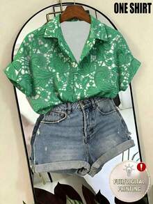 Franclia Fashionable French Design Loose Collared Women's Short Sleeve Shirt, Spring/Summer, Vacation - Green - View 1