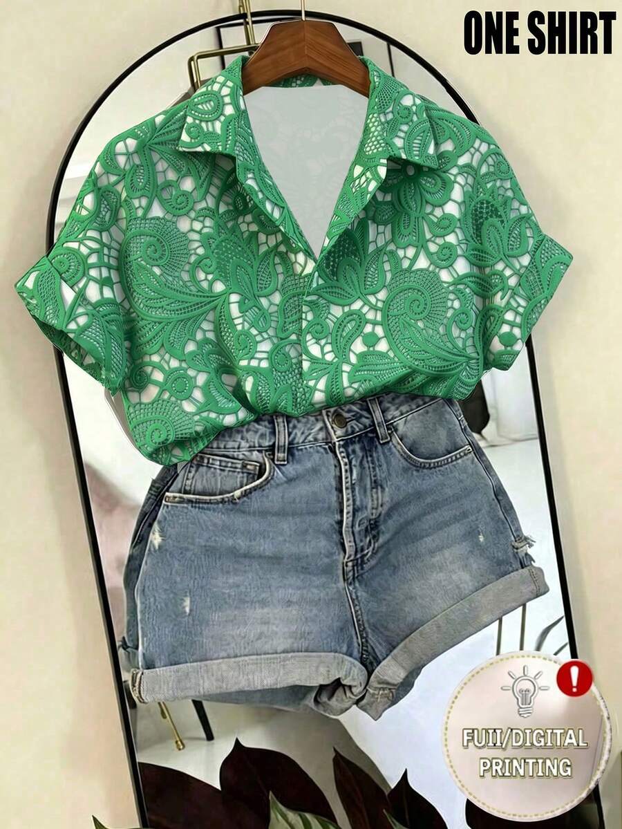 Franclia Fashionable French Design Loose Collared Women's Short Sleeve Shirt, Spring/Summer, Vacation - Green - View 1