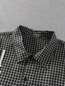 ROMWE MEN 男士槍花紋印花寬鬆格紋襯衫 - 黑色 - 查看 2
