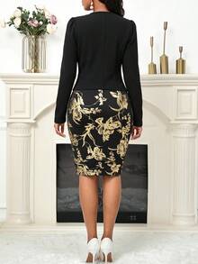 SHEIN Lady 女款優雅派對純色夾克與花卉印花洋裝兩件套 - 金色 - 查看 2