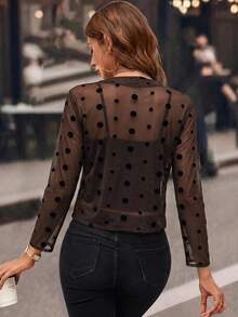 SHEIN Clasi 女款波點網紗休閒百搭日常長袖開襟衫 - 黑色 - 查看 2