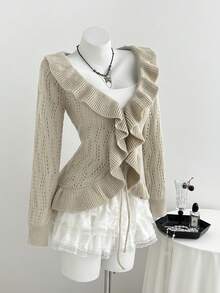 Elamini Sweet Style Ruffle Trim Knit Cardigan, Early Autumn Hollow Out Lace-Up Sweater Jacket, Solid Color V-Neck Versatile Top - Cream - View 3