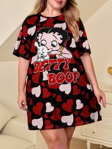Betty Boop x SHEIN 大码夏季休闲心形图案圆领短袖睡裙 - 黑色 - 查看 1