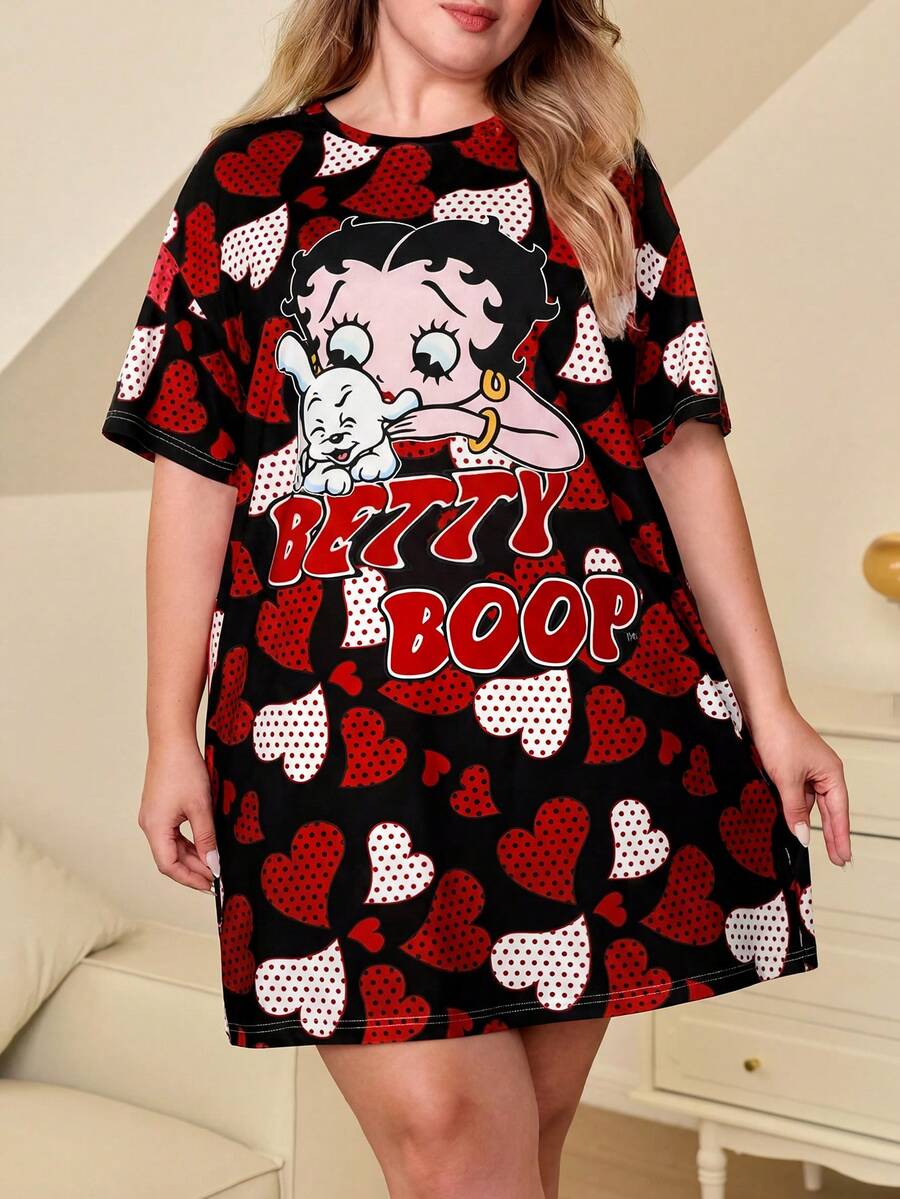 Betty Boop x SHEIN 大码夏季休闲心形图案圆领短袖睡裙 - 黑色 - 查看 1