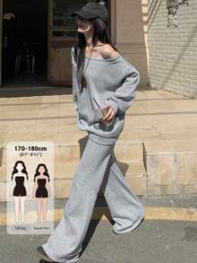 Dazy Tall Women's Asymmetric Shoulder Loose Long Sleeve Pullover Sweatshirt And Loose Pants Casual 2 Pieces Set Fall - Grey - View 1