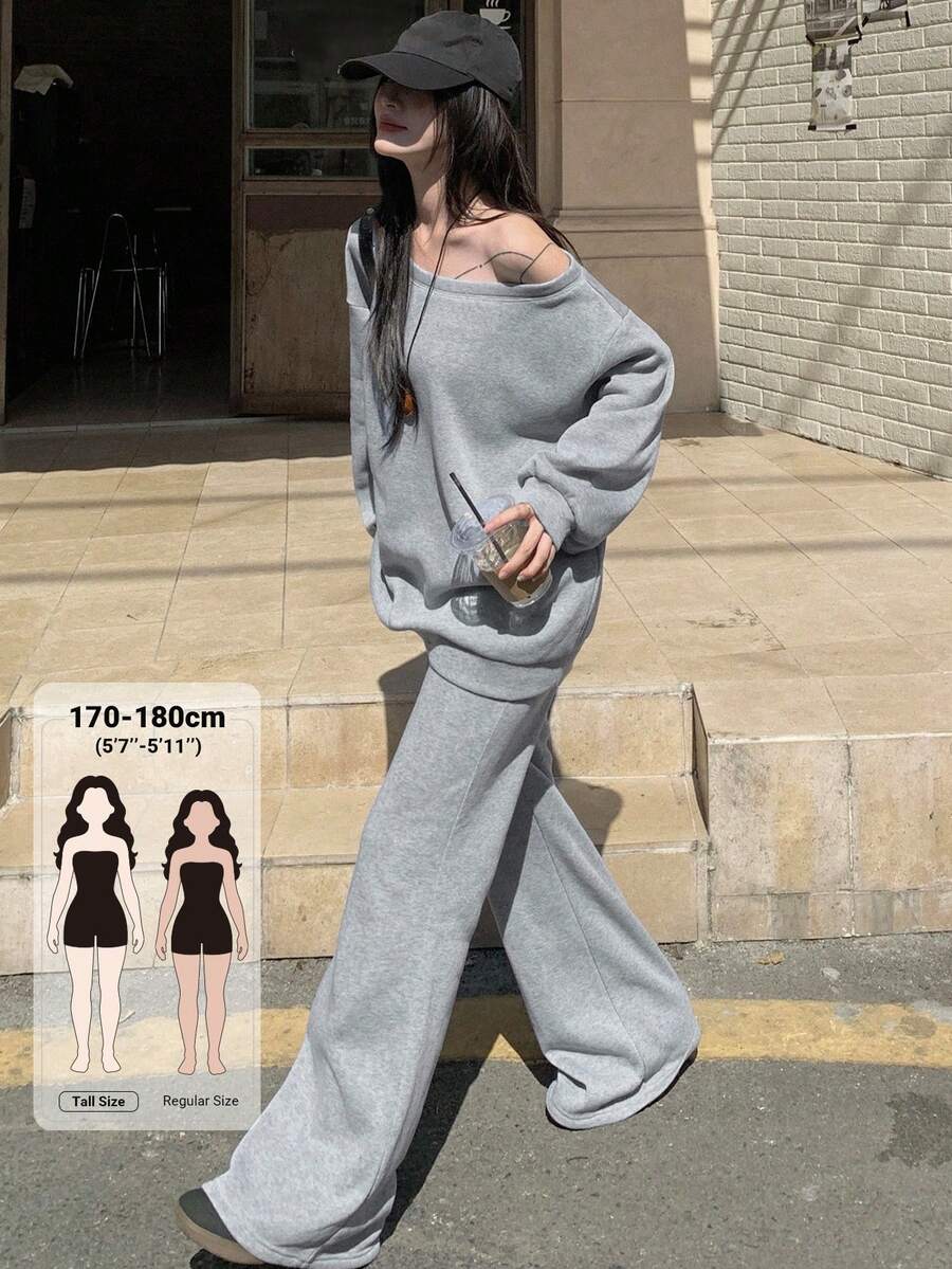 Dazy Tall Women's Asymmetric Shoulder Loose Long Sleeve Pullover Sweatshirt And Loose Pants Casual 2 Pieces Set Fall - Grey - View 1