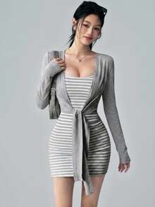 DAZY Summer Autumn Grey Slim Fit Striped Cami Dress Tie-Up Cardigan 2 Pieces Set Women's Sporty Casual Modest Loungewear Outfit Korean Style Y2K Gym - Grey - View 3