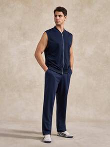 Men's Solid Color Zip-Up Vest And Pants Set - Navy Blue - View 1