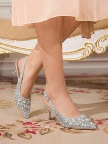 CUCCOO TILAWA Women's Fashion Electroplated And Glass Rhinestone Pointed Silver Women's High-Heeled Shoes, Suitable For Going Out, Banquets, Parties - Silver - View 9