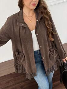 Easowa Curve เสื้อแจ็คเก็ตไซส์ใหญ่ แต่งลูกไม้ปะติดปะต่อ กระเป๋าคู่ สำหรับฤดูใบไม้ร่วง - สีน้ำตาลกาแฟ - ดู 8