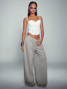 Normani Women's Versatile Button Drawstring Waist Loose Casual Sweatpants - Grey - View 3