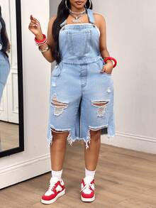 Slaydiva Plus Size Women's All-Season Denim Overalls With Large Pockets, Distressed Ripped Hem, Light Blue, Capri Length - Light Wash - View 4
