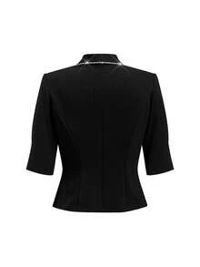 SHEIN Clasi Fall Women Women's Solid Color Peter Collar Rhinestone Chain Decor Metal Button 3/4 Sleeve Waist-Cinching Blazer, Commuter - Black - View 2