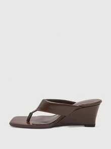 CUCCOO BIZCHIC Spring And Summer Brown Mezzanine Herringbone Strap Square Toe Slope Heel High Heel Minimalist Black Slippers Travel Commuter Dating - Brown - View 5