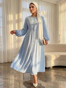 SHEIN Lady CURVE Plus Size Solid Color Lantern Sleeve Front Button Dress Evening Formal Birthday Light Blue Autumn Elegant Fall - Blue - View 6