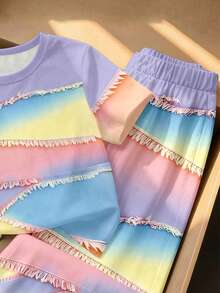 (1 Set) Girls' Casual Fashion Fresh Colorful Gradient Patchwork Pattern Basic Short T-Shirt And Wide Leg Pants - Multicolor - View 6
