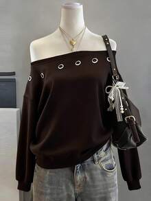 Lalippa Casual Elegant Loose Off-Shoulder Long Sleeve Sweatshirt Everyday Work Black Autumn - Multicolor - View 1