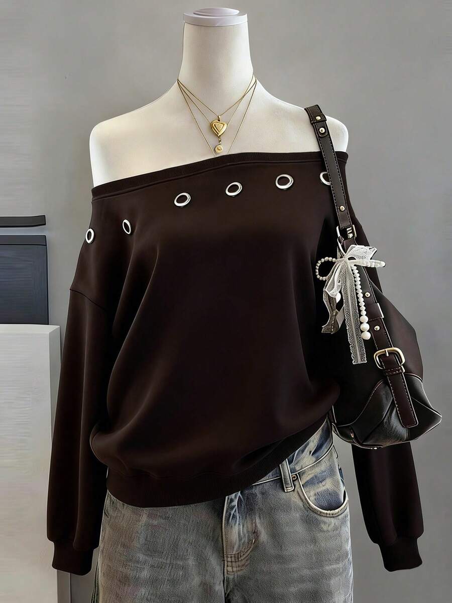 Lalippa Casual Elegant Loose Off-Shoulder Long Sleeve Sweatshirt Everyday Work Black Autumn - Multicolor - View 1
