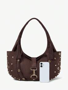 Viva Strut Women's Fashionable Personalized Street Cool Retro Brown Suede Rivet Metal Buckle Shoulder Bag, Daily Commute To Work Shopping To School - Brown - View 7