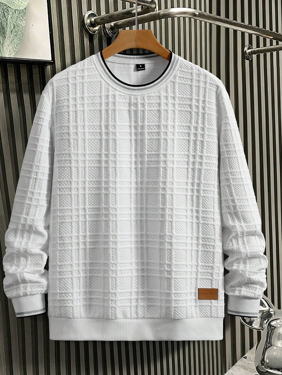 EGENSIO Men's Knitted Jacquard Solid Color Textured Collar & Cuff Ribbed Pullover Sweatshirt - White - View 1