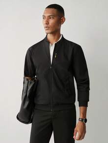 Manfinity CityGents Men Black Fabric Bomber Jacket With Long Regular Sleeves And Zipper Closure For Everyday Wear , Fall - Black - View 6
