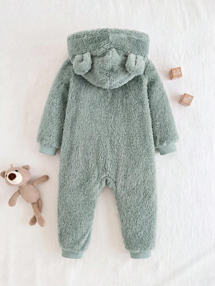 Cozy Pixies Baby Boy Cartoon Rabbit Pattern 3D Ears Hooded Thermal Lined Medium Thick One-Piece Long Winter Pants - Mint Green - View 2